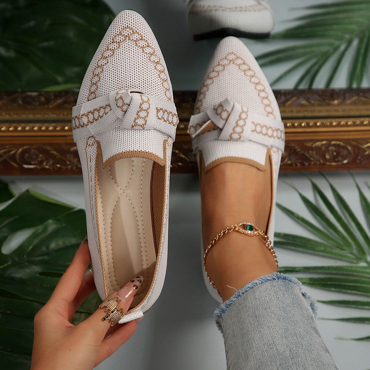 knitted Slip-On Flats with Bow - Hovatok