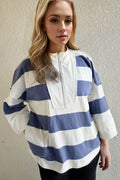 Oh Pima Cotton Wash Striped Half Zip Mock Neck Long Sleeve Top - Hovatok