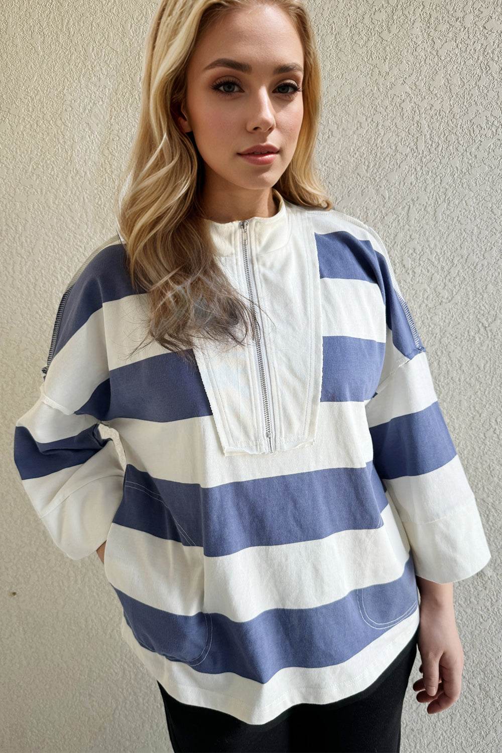 Oh Pima Cotton Wash Striped Half Zip Mock Neck Long Sleeve Top - Hovatok