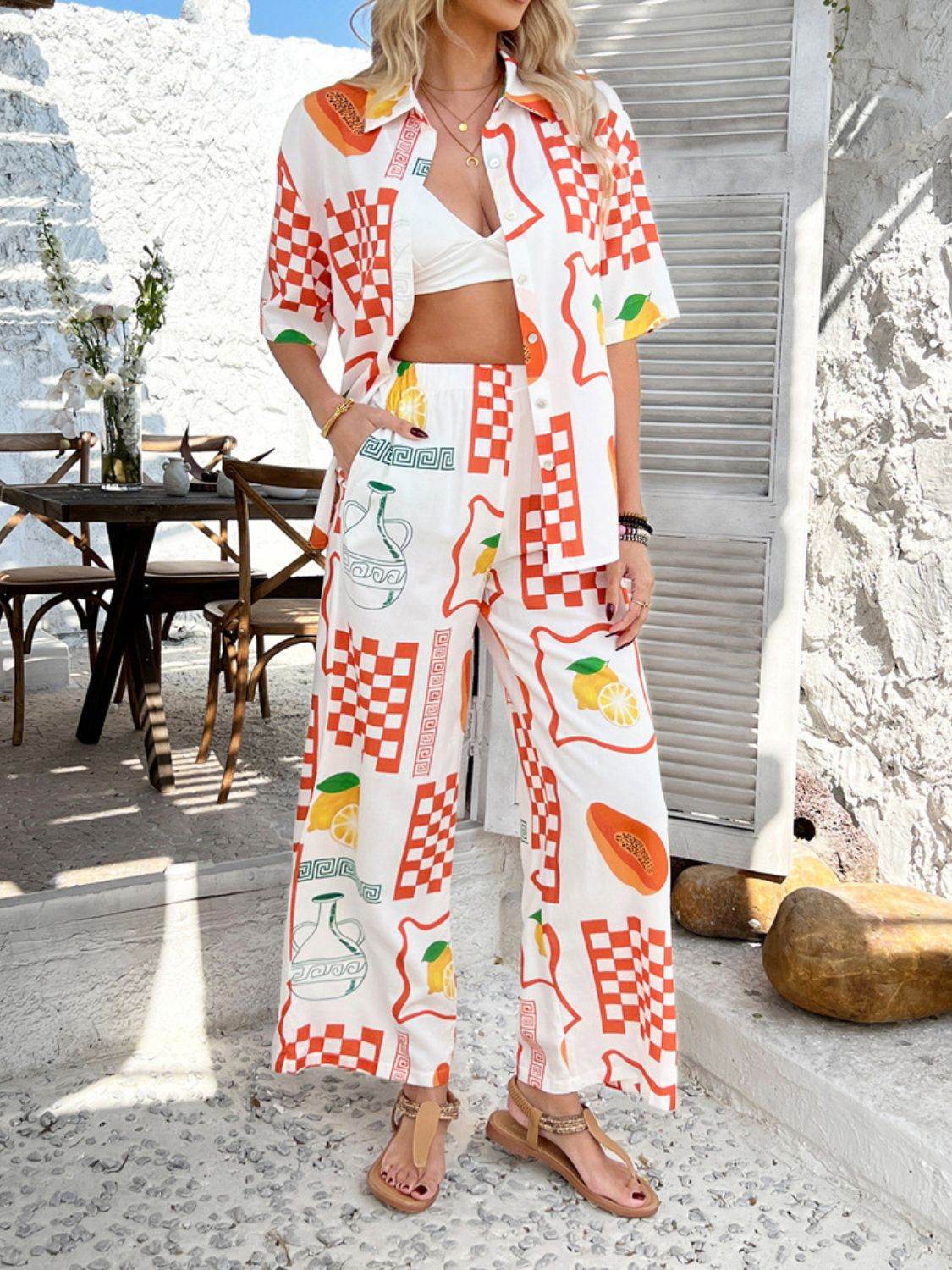 Devine Printed Collared Neck Half Sleeve Top and Pants Set - Hovatok