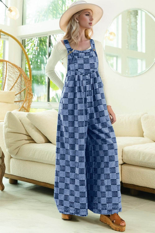 Double Take Checkered Sleeveless Wide Leg Denim Jumpsuit - Hovatok