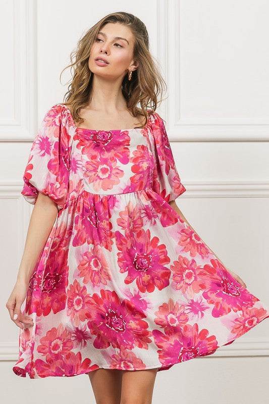 BiBi Floral Square Neck Puff Sleeve Mini Dress - Hovatok
