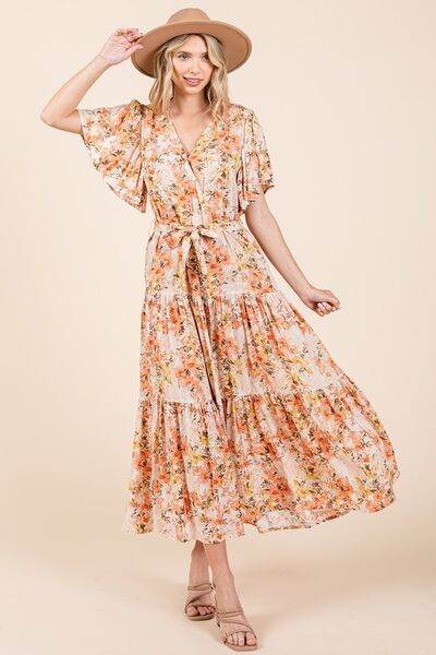 Mittoshop Floral Tie Waist Flutter Sleeve Tiered Dress - Hovatok
