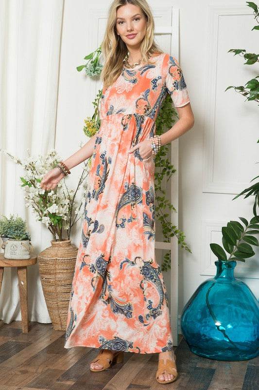 Celeste Paisley Print Short Sleeve Maxi Dress with Pockets - Hovatok
