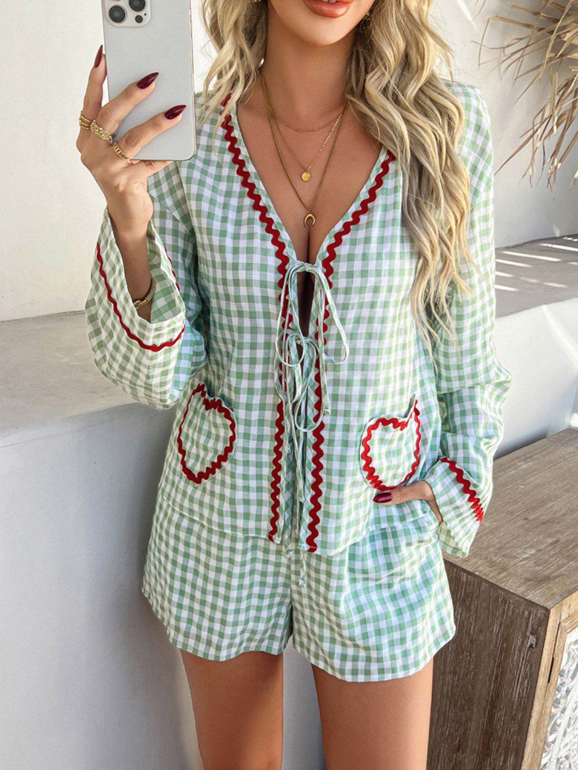 Devine Tie Front Contrast Plaid Shirt and Shorts Set - Hovatok