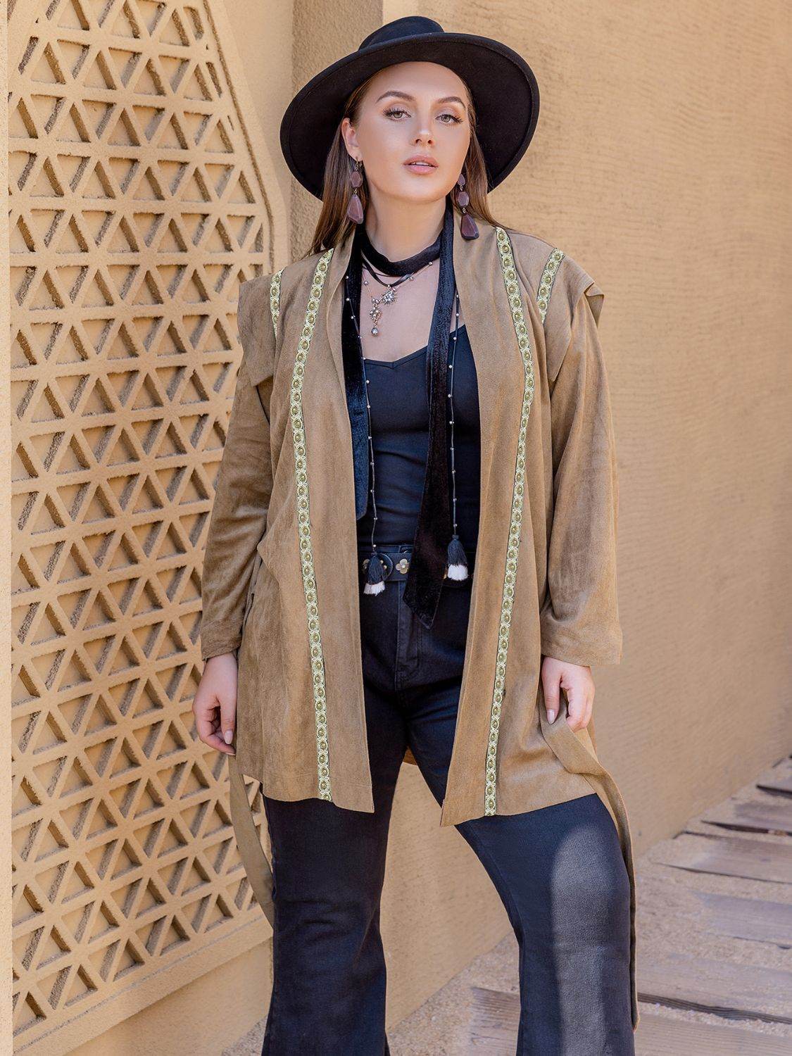 Plus Size Long Sleeve Tie Waist Cardigan - Hovatok