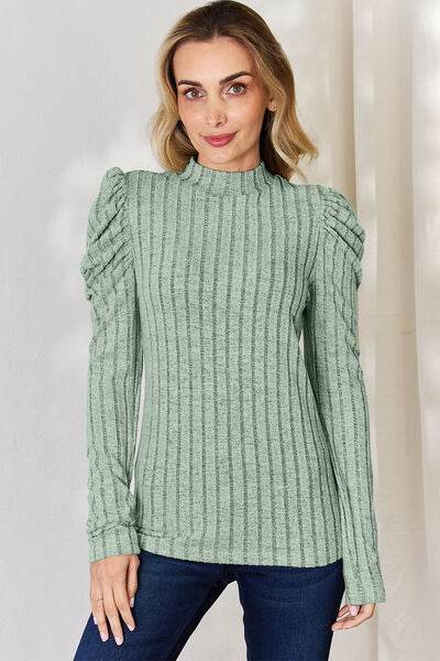 Basic Bae Full Size Ribbed Mock Neck Puff Sleeve T-Shirt - Hovatok