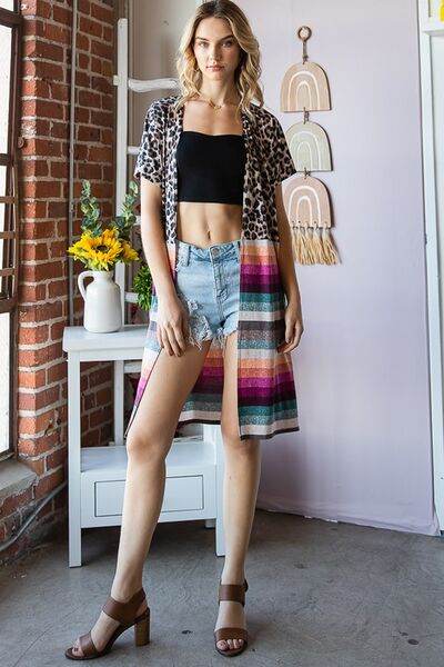 Heimish Full Size Animal Leopard and Stripe Open Cardigan Plus Size - Hovatok