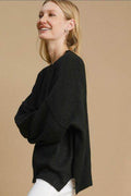 Umgee Full Size Side Slit Wool Blend Round Neck Sweater Plus Size - Hovatok