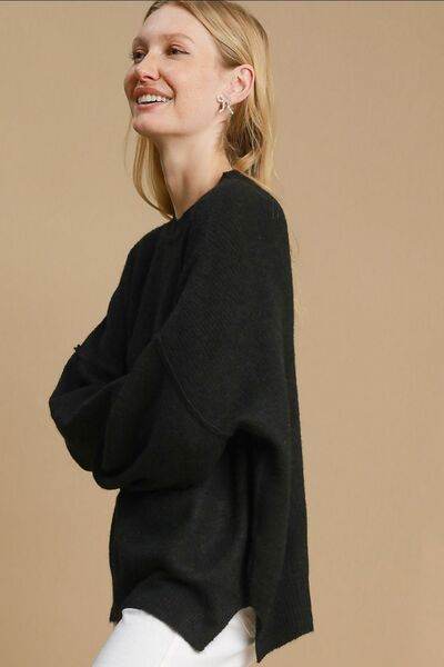Umgee Full Size Side Slit Wool Blend Round Neck Sweater Plus Size - Hovatok