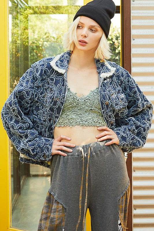 POL Flower Textured Raw Hem Long Sleeve Denim Jacket - Hovatok