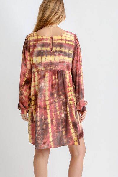 Umgee Full Size Tie Dye Long Sleeve Babydoll Dress with Keyhole Plus Size - Hovatok