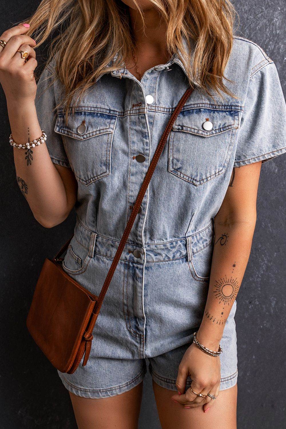 Washed Button Down Pocketed Denim Romper - Hovatok