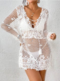 Cutout Tied V-Neck Long Sleeve Cover Up - Hovatok