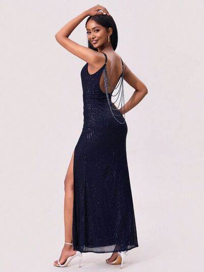 Split Sequin Backless Maxi Cami Dress - Hovatok
