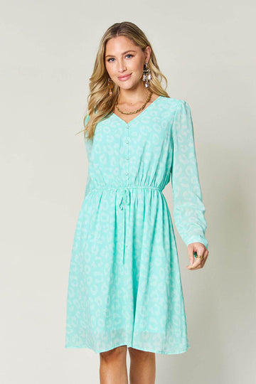 Double Take Full Size Printed Ruched V-Neck Long Sleeve Dress - Hovatok