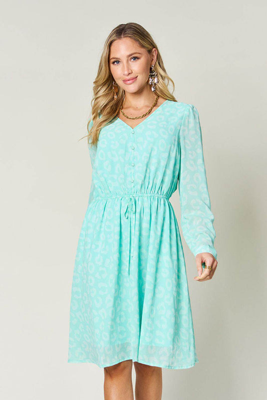 Double Take Full Size Printed Ruched V-Neck Long Sleeve Dress - Hovatok