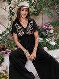 Embroidered Ruched Short Sleeve Jumpsuit - Hovatok