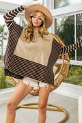 BiBi Striped Contrast Long Sleeve Slit Top - Hovatok