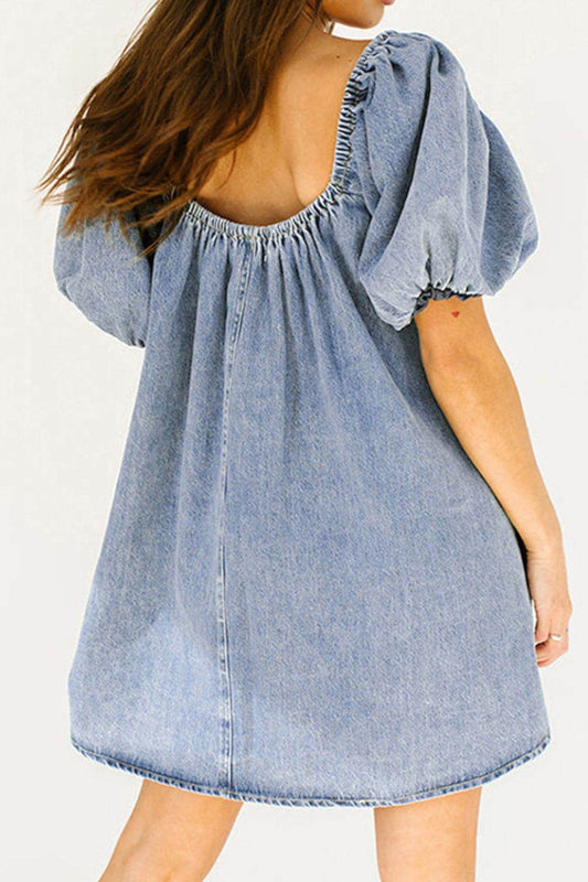 Bubble Sleeve Square Neck Denim Babydoll Dress - Hovatok