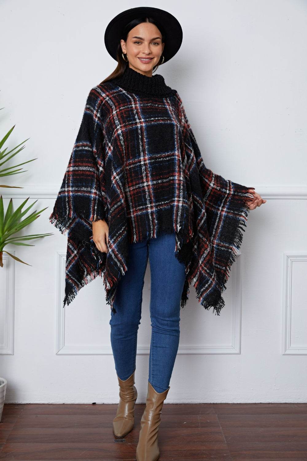 Shiny Turtleneck Plaid Raw Hem Sweater - Hovatok