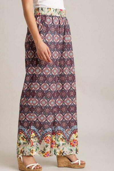 Umgee Full Size Mixed Print Elastic Waistband Pants Plus Size - Hovatok