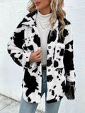 Cow Print Collared Neck Button Up Fuzzy Jacket - Hovatok