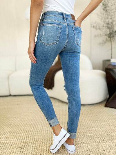 Judy Blue Full Size Mid Rise Destroy & Cuff Skinny Jeans - Hovatok