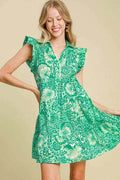 Umgee Full Size Printed Ruffle Cap Sleeve Babydoll Dress Plus Size - Hovatok