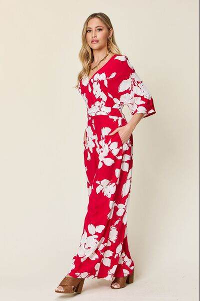 Double Take Full Size Printed Tie Back Wide Leg Jumpsuit - Hovatok