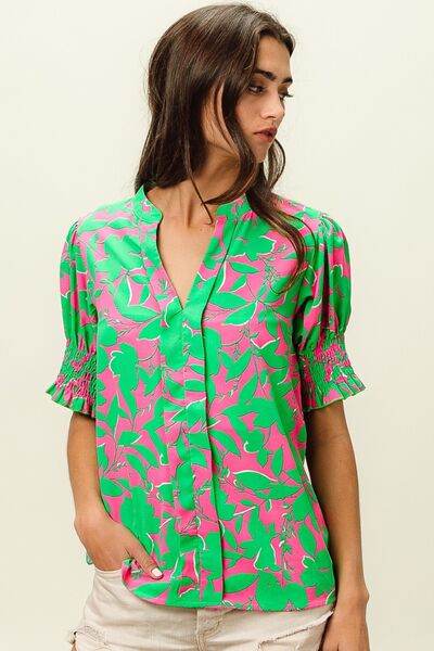BiBi Smocked Cuff Floral Contrast Top - Hovatok