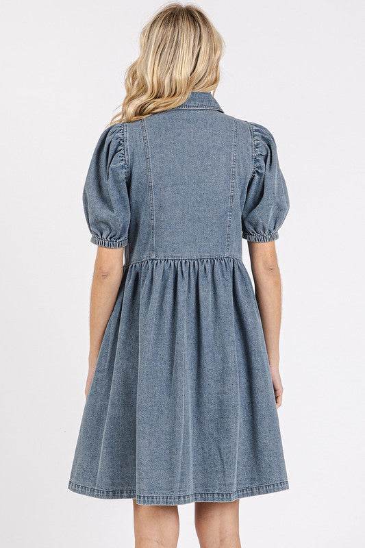 Mittoshop Button Down Puff Sleeve Denim Dress - Hovatok