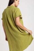 Umgee Full Size Raw Hem Button Down Short Sleeve Gauze Shirt Dress Plus Size - Hovatok