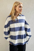 Oh Pima Cotton Wash Wide Striped Collared Neck Long Sleeve Top - Hovatok