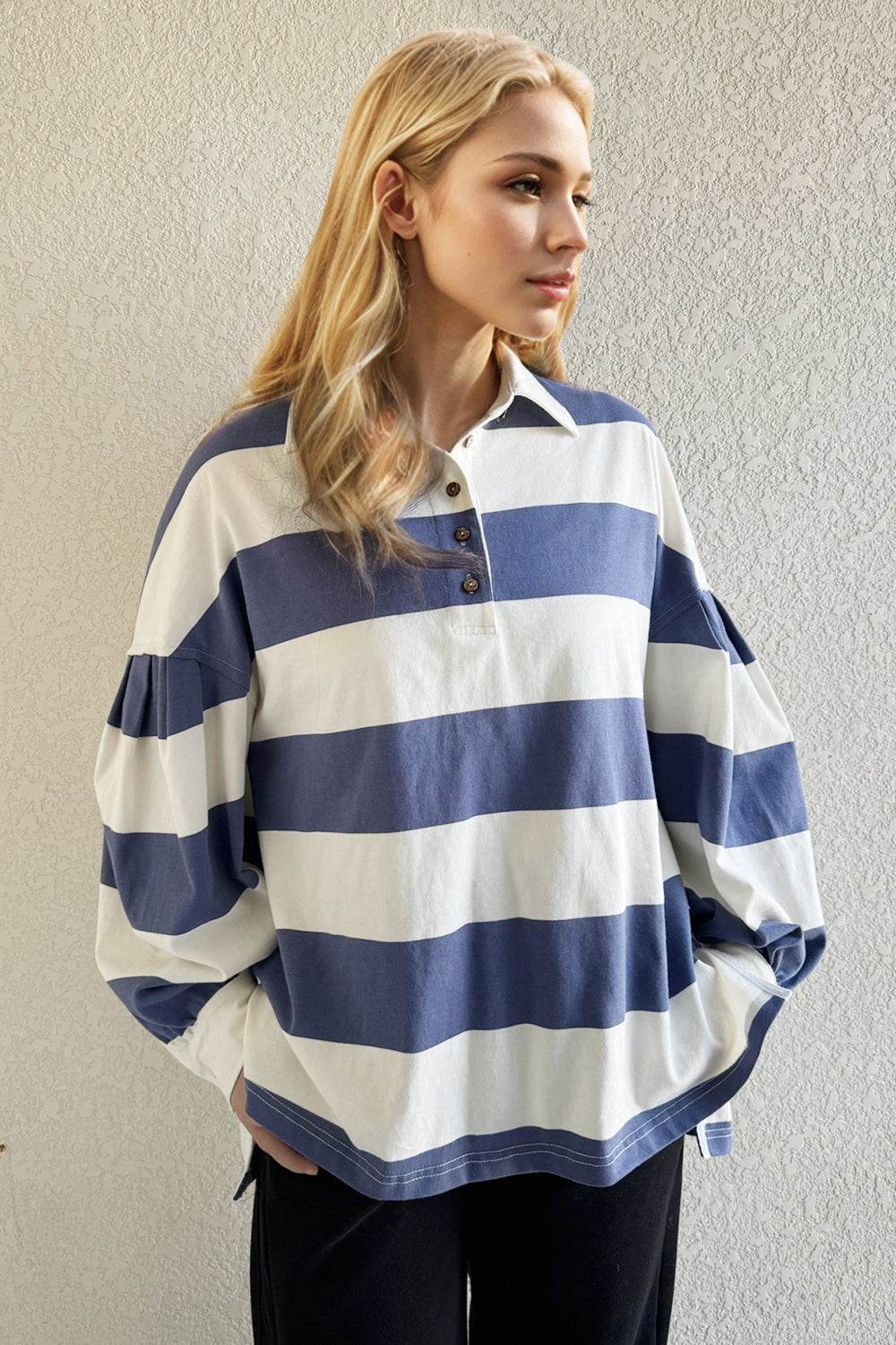 Oh Pima Cotton Wash Wide Striped Collared Neck Long Sleeve Top - Hovatok