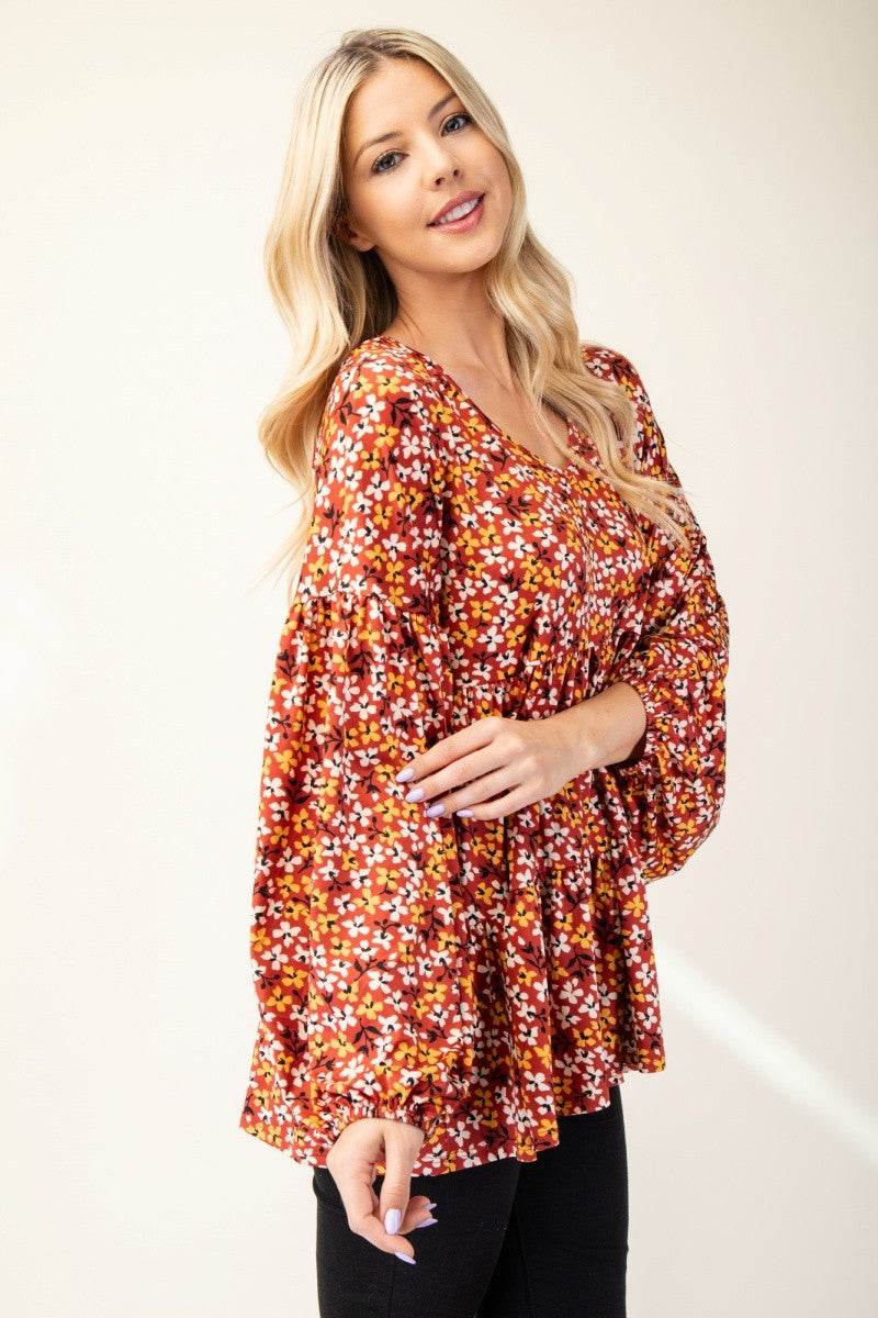 Celeste Full Size Floral V-Neck Balloon Sleeve Blouse - Hovatok