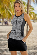 Geometric Print Color Block Swim Top and Skirt Set - Hovatok