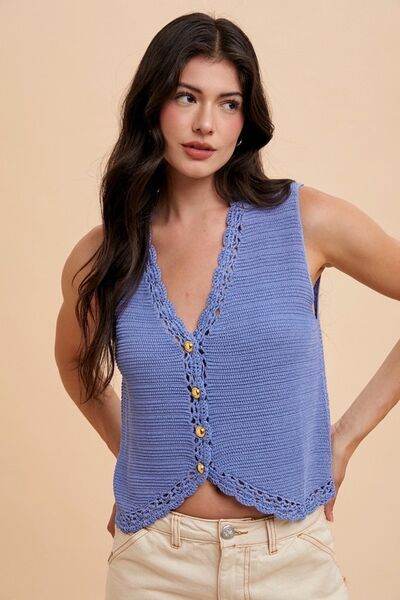 Annie Wear Crochet Trim Button Down Sweater Vest - Hovatok