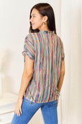 Shiny Multicolored Stripe Notched Neck Top - Hovatok