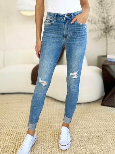 Judy Blue Full Size Mid Rise Destroy & Cuff Skinny Jeans - Hovatok