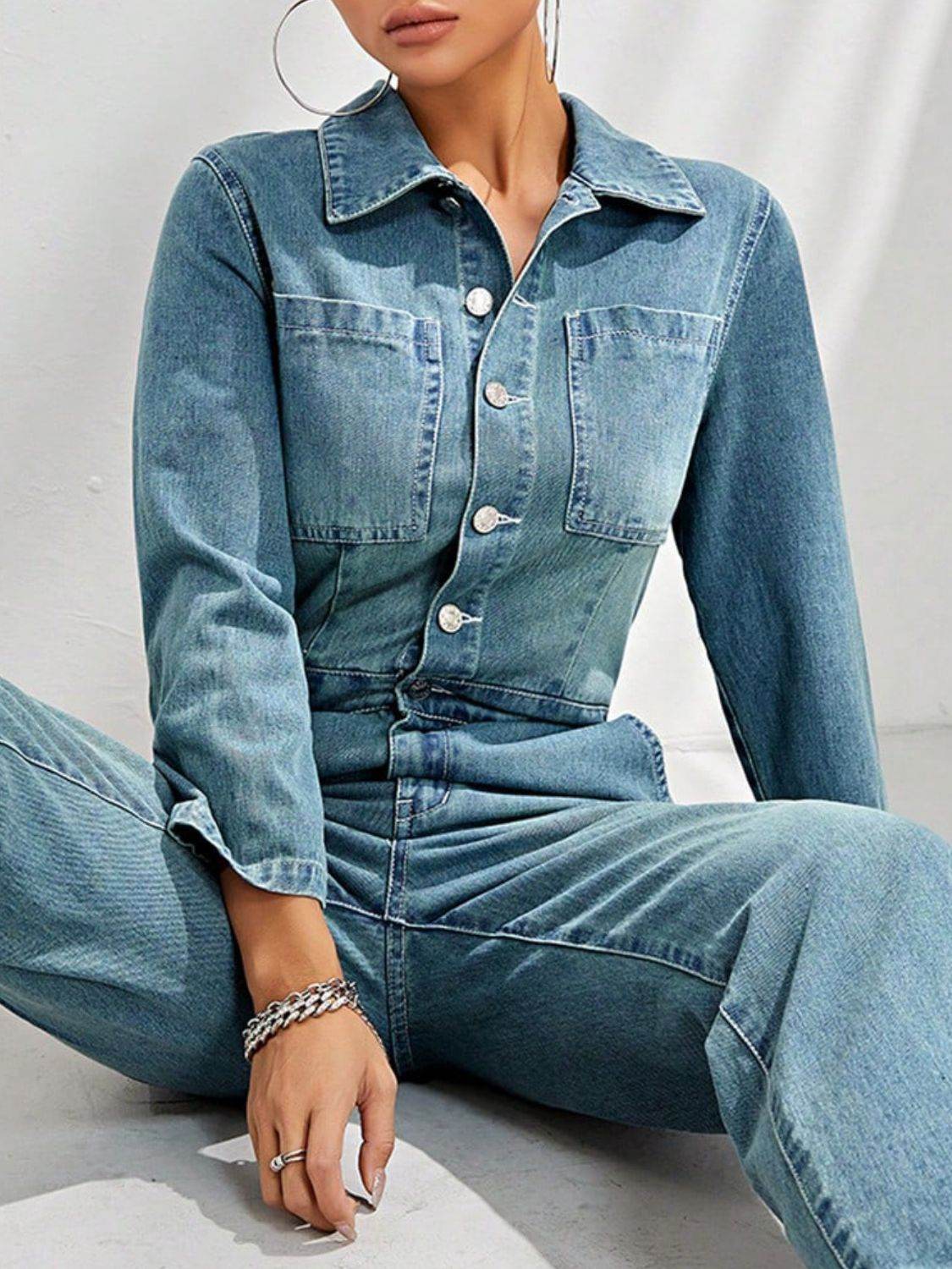 Half Button Long Sleeve Straight Leg Denim Jumpsuit - Hovatok