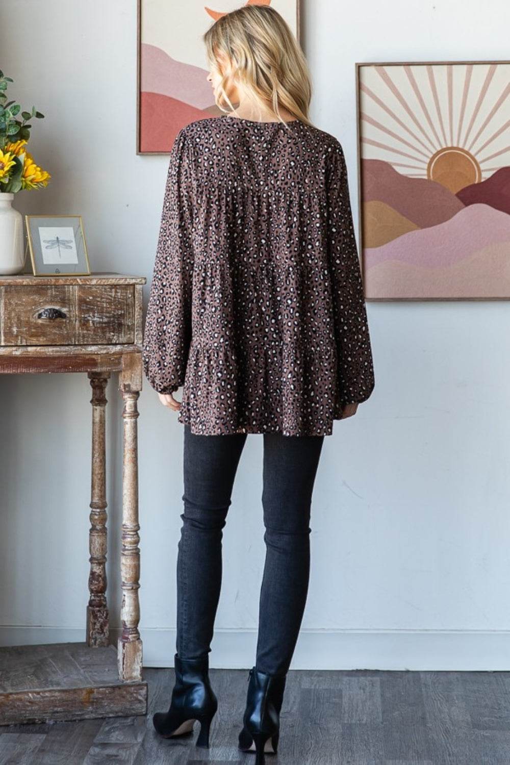 Heimish Leopard Long Sleeve Tiered Blouse - Hovatok