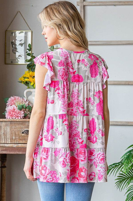 Heimish Full Size Butterfly Sleeve Round Neck Floral Tiered Top Plus Size - Hovatok