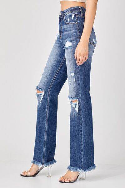 Risen Full Size Raw Hem Distressed Straight Jeans - Hovatok