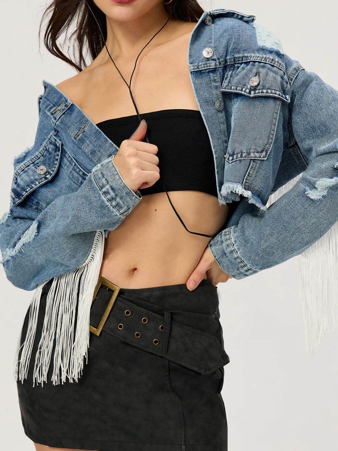 Distressed Fringe Collared Neck Cropped Denim Top - Hovatok