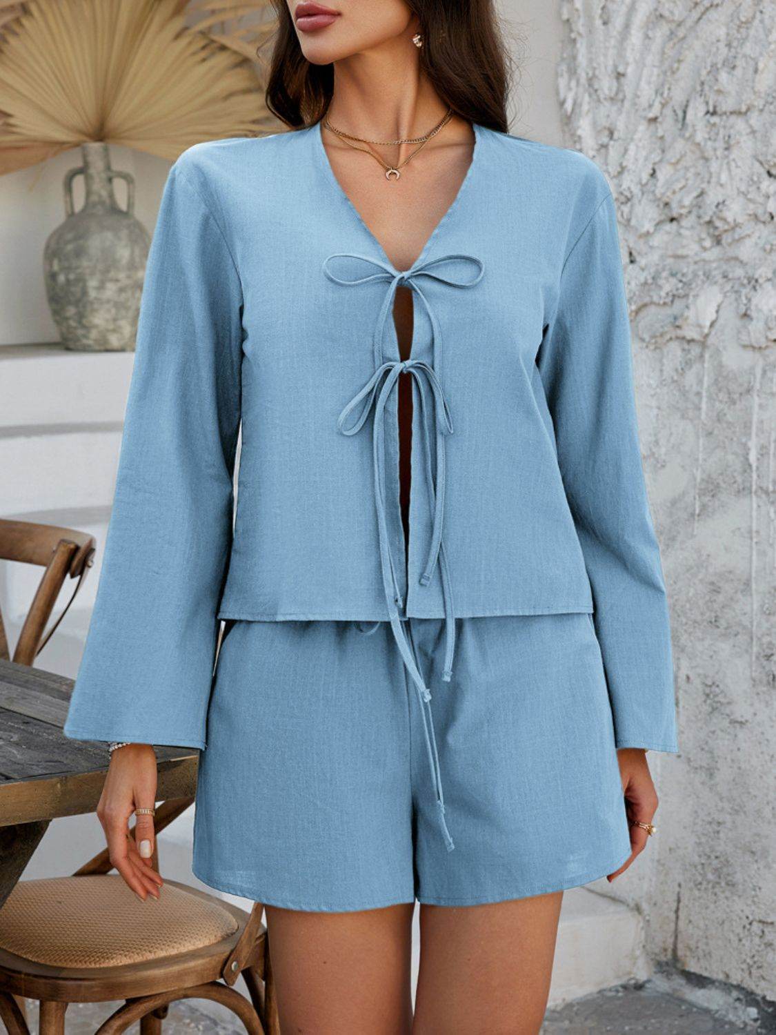 Devine Double Tied V-Neck Top and Shorts Set - Hovatok