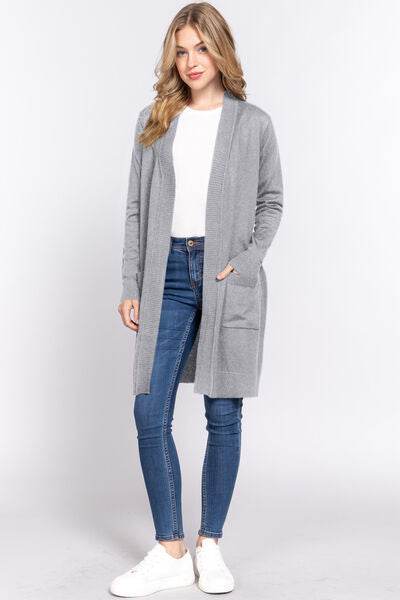 ACTIVE BASIC Open Front Rib Trim Long Sleeve Knit Cardigan - Hovatok