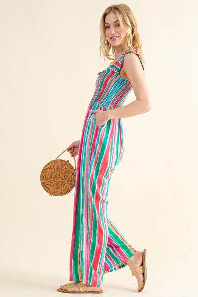 And The Why Full Size Striped Smocked Sleeveless Jumpsuit - Hovatok
