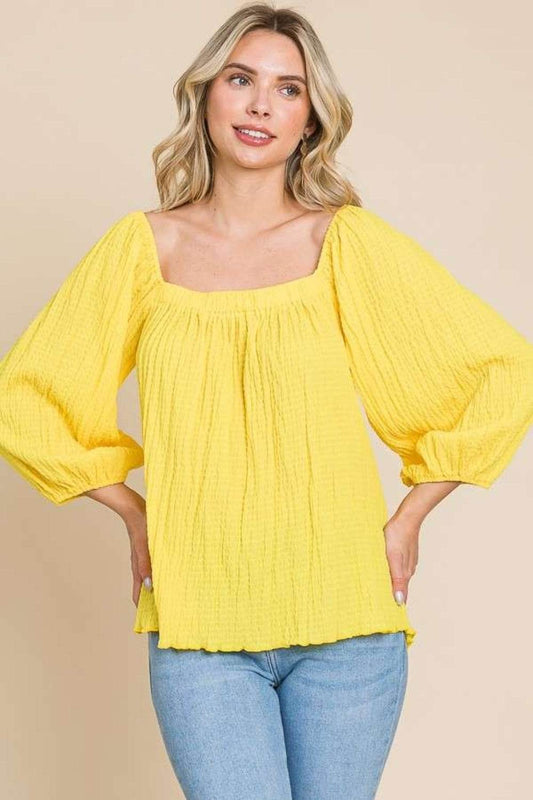 Culture Code Texture Square Neck Puff Sleeve Top - Hovatok
