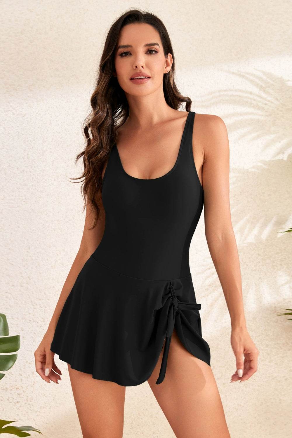 Drawstring Scoop Neck Wide Strap One-Piece Swimwear - Hovatok